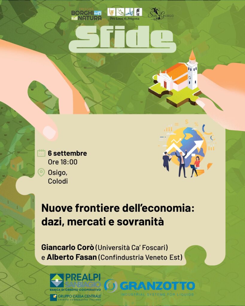 Locandina dell'incontro su dazi, mercati e sovranità con Alberto Fasan e Giancarlo Corò