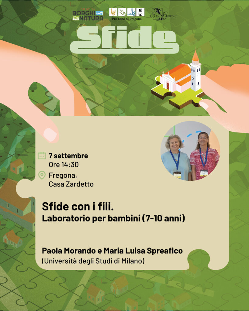 Locandina di Sfide con i fili, laboratorio creativo con Maria Luisa Spreafico e Paola Morando