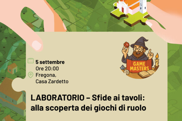 Locandina di Sfide ai tavoli, laboratorio sui giochi di ruolo con i Game Masters