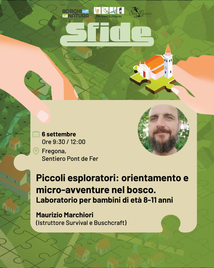 Locandina di Piccoli esploratori, laboratorio di orientamento nel bosco con Maurizio Marchiori
